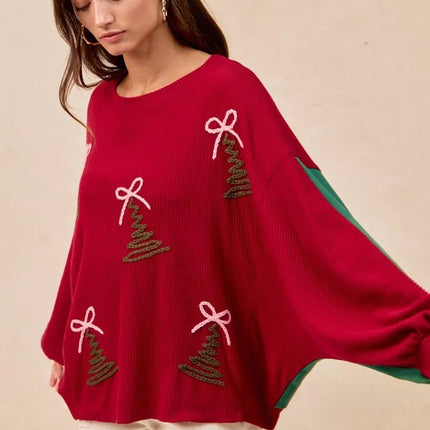 BiBi Christmas Theme Tree Embroidered Sweater - MimiStylez