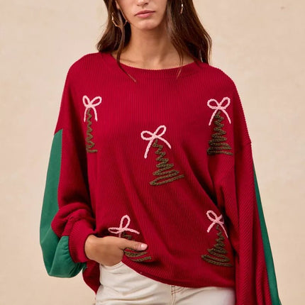BiBi Christmas Theme Tree Embroidered Sweater - MimiStylez