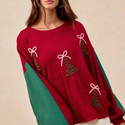 BiBi Christmas Theme Tree Embroidered Sweater - MimiStylez
