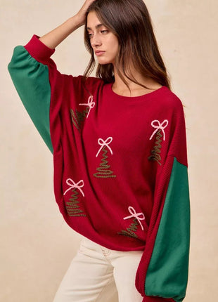 BiBi Christmas Theme Tree Embroidered Sweater - MimiStylez