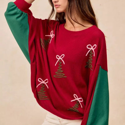 BiBi Christmas Theme Tree Embroidered Sweater - MimiStylez