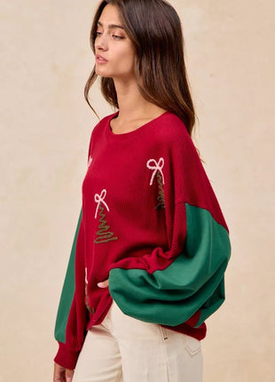 BiBi Christmas Theme Tree Embroidered Sweater - MimiStylez