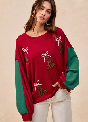 BiBi Christmas Theme Tree Embroidered Sweater - MimiStylez