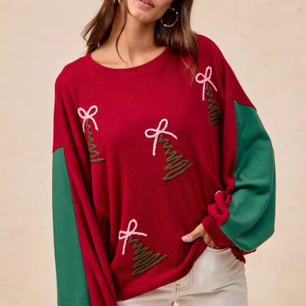 BiBi Christmas Theme Tree Embroidered Sweater - MimiStylez