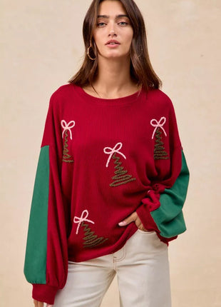 BiBi Christmas Theme Tree Embroidered Sweater - MimiStylez