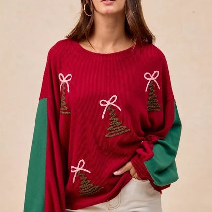 BiBi Christmas Theme Tree Embroidered Sweater - MimiStylez