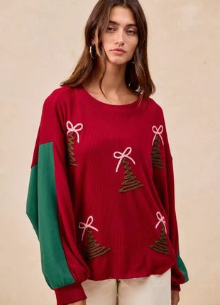 BiBi Christmas Theme Tree Embroidered Sweater - MimiStylez
