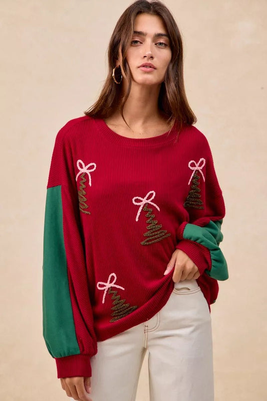 BiBi Christmas Theme Tree Embroidered Sweater - MimiStylez