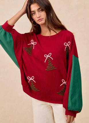 BiBi Christmas Theme Tree Embroidered Sweater - MimiStylez