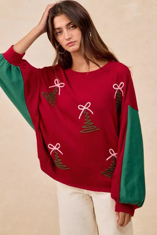 BiBi Christmas Theme Tree Embroidered Sweater - MimiStylez