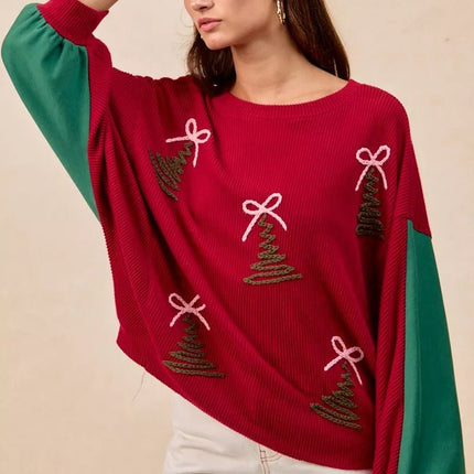 BiBi Christmas Theme Tree Embroidered Sweater - MimiStylez