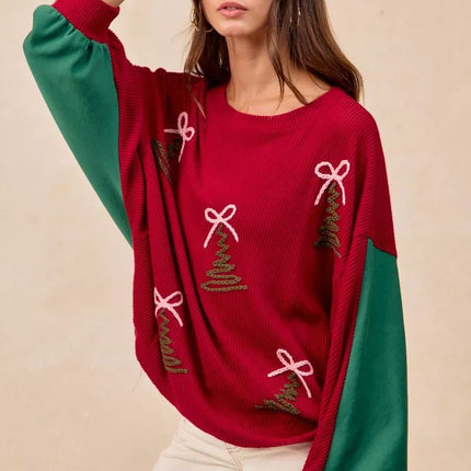 BiBi Christmas Theme Tree Embroidered Sweater - MimiStylez