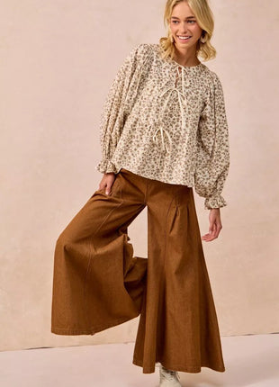 BiBi Floral Printed Peplum Blouse with Shirring and Tied - MimiStylez