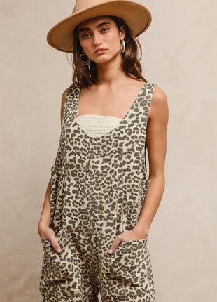 BiBi Leopard Print Adjustable Strap U Neck Jumpsuit - MimiStylez