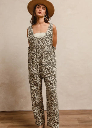 BiBi Leopard Print Adjustable Strap U Neck Jumpsuit - MimiStylez