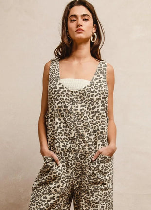 BiBi Leopard Print Adjustable Strap U Neck Jumpsuit - MimiStylez