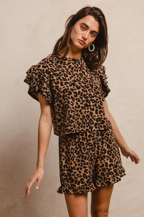 BiBi Leopard Print Waffle Texture Layered Ruffle Sleeve Top and Shorts Set - MimiStylez