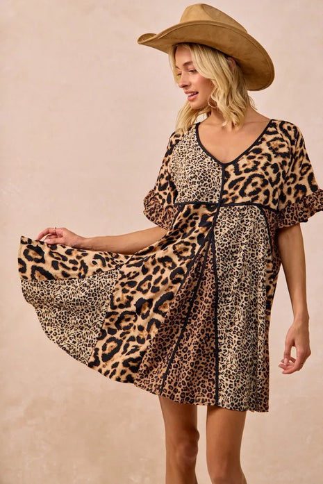 BiBi Leopard Prints Mix and Match Short Sleeves Dress - MimiStylez