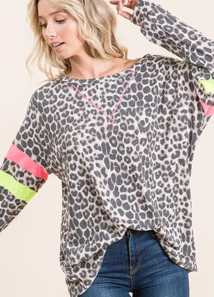 BiBi Leopard Thermal Top with Contrast Color Block - MimiStylez