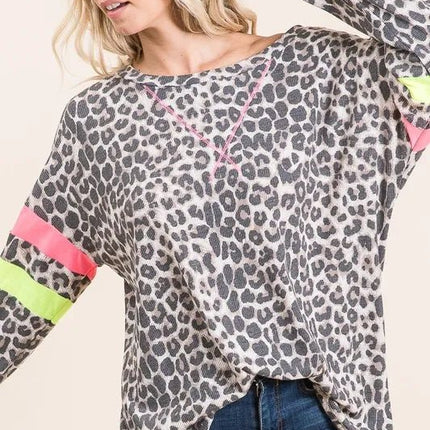 BiBi Leopard Thermal Top with Contrast Color Block - MimiStylez