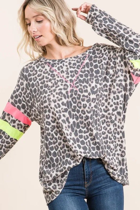 BiBi Leopard Thermal Top with Contrast Color Block - MimiStylez
