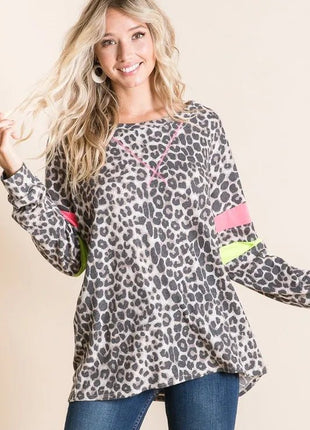 BiBi Leopard Thermal Top with Contrast Color Block - MimiStylez