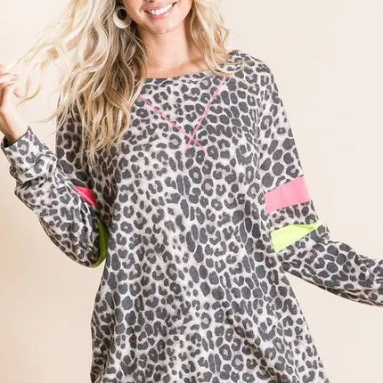 BiBi Leopard Thermal Top with Contrast Color Block - MimiStylez