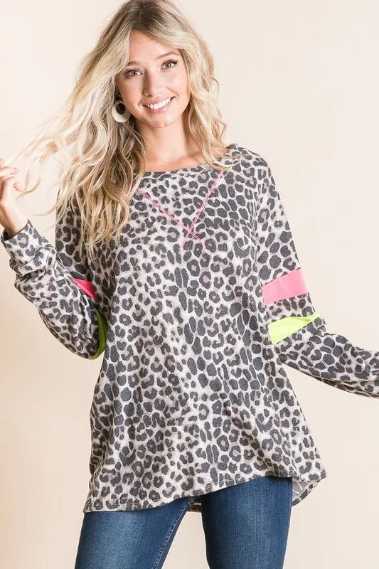 BiBi Leopard Thermal Top with Contrast Color Block - MimiStylez