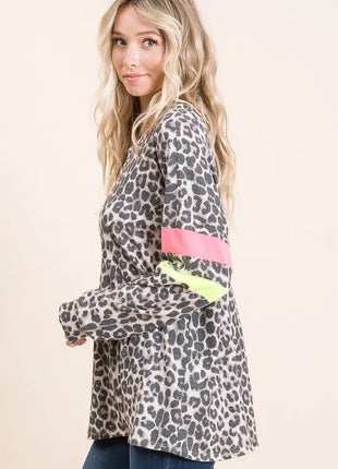 BiBi Leopard Thermal Top with Contrast Color Block - MimiStylez