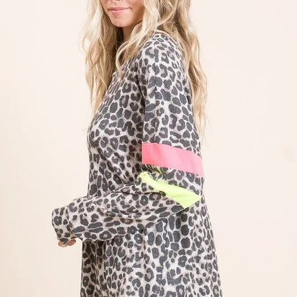 BiBi Leopard Thermal Top with Contrast Color Block - MimiStylez