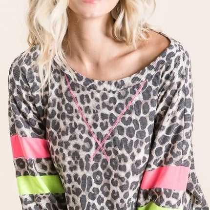 BiBi Leopard Thermal Top with Contrast Color Block - MimiStylez