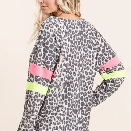 BiBi Leopard Thermal Top with Contrast Color Block - MimiStylez
