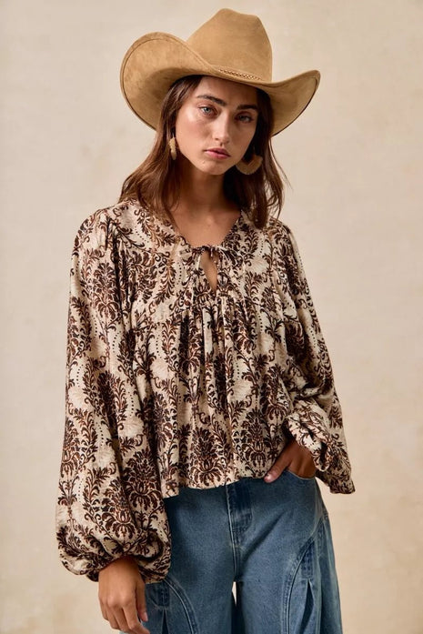 BiBi Printed Woven Front Tied Blouse with Baloon Sleeve - MimiStylez
