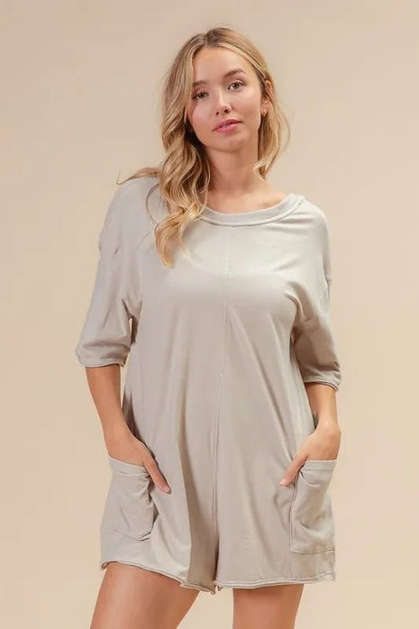 BiBi Short Sleeve Back Open Washed Romper - MimiStylez