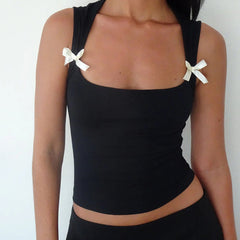 Bow Detail Square Neck Cropped Tank - MimiStylez