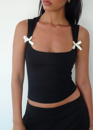 Bow Detail Square Neck Cropped Tank - MimiStylez