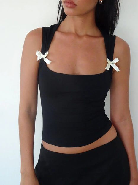 Bow Detail Square Neck Cropped Tank - MimiStylez