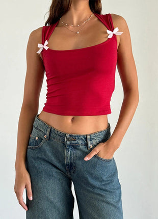 Bow Detail Square Neck Cropped Tank - MimiStylez