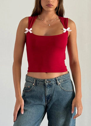 Bow Detail Square Neck Cropped Tank - MimiStylez