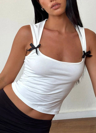 Bow Detail Square Neck Cropped Tank - MimiStylez