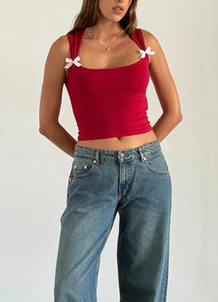 Bow Detail Square Neck Cropped Tank - MimiStylez
