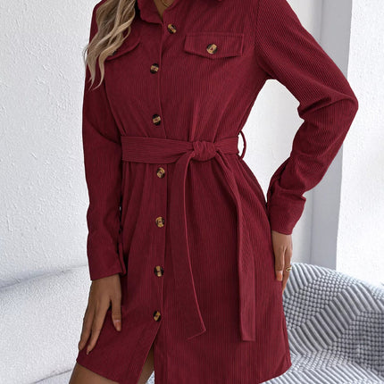 Button - Front Corduroy Shirt Dress - MimiStylez