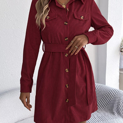 Button - Front Corduroy Shirt Dress - MimiStylez