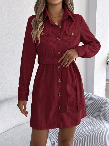 Button - Front Corduroy Shirt Dress - MimiStylez