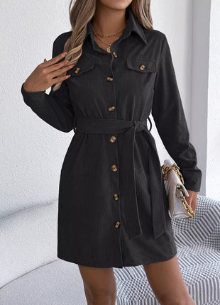 Button - Front Corduroy Shirt Dress - MimiStylez