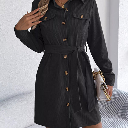 Button - Front Corduroy Shirt Dress - MimiStylez