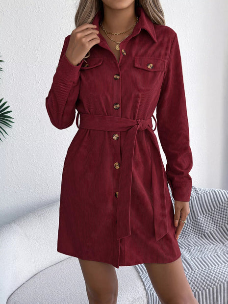 Button - Front Corduroy Shirt Dress - MimiStylez