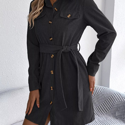 Button - Front Corduroy Shirt Dress - MimiStylez