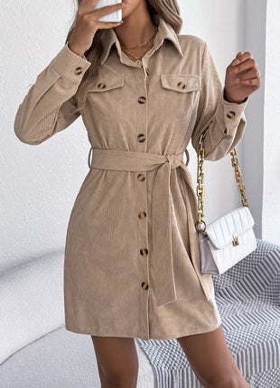 Button - Front Corduroy Shirt Dress - MimiStylez