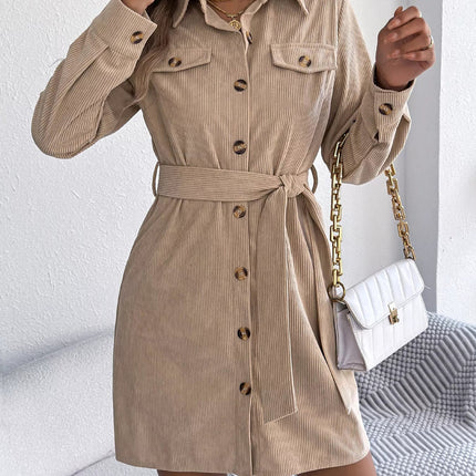Button - Front Corduroy Shirt Dress - MimiStylez